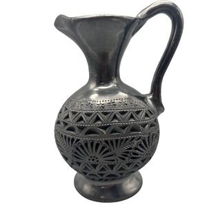 Vintage Barro Negro Pottery Pitcher Floral Cutout Mexico Signed‎ Dona Rosa